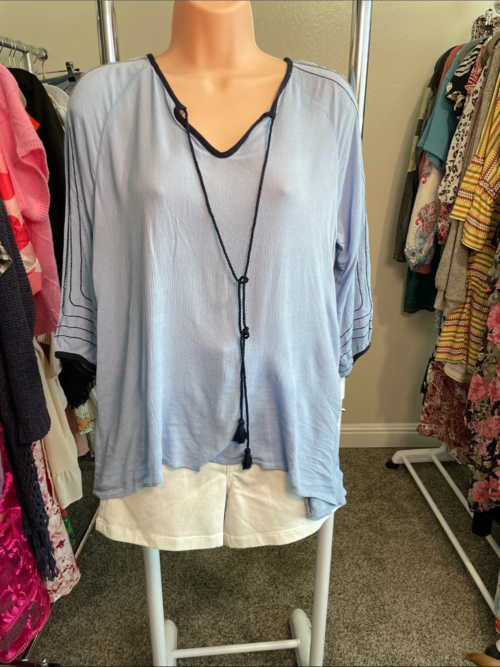 POL Light Blue V-Neck Tassel Tie Blouse with Navy Trim